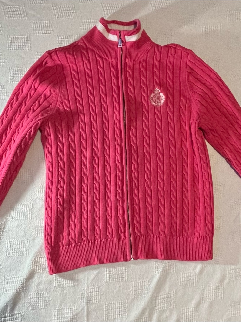 Ralph Lauren Bright Pink Cable-Knit Zip Cardigan with Crest
